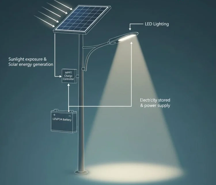 Solar street lights illuminating a modern city street
