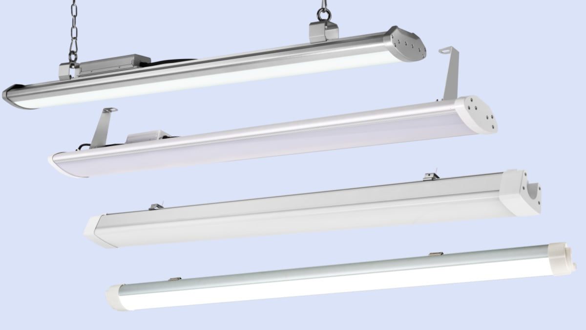 LED linear high bay light features in a warehouse aisle